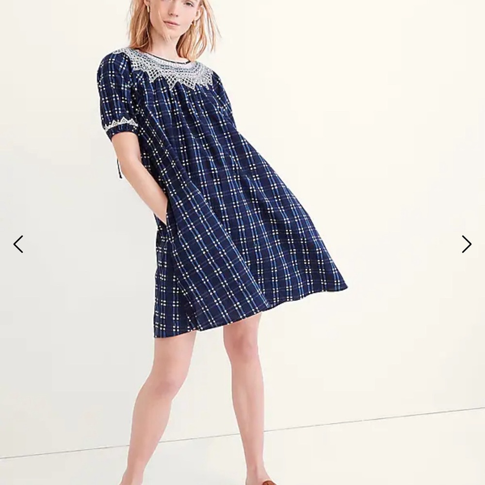 Madewell Navy Blue Indigo Babydoll Dress New Plaid Small S SM Cotton Mini